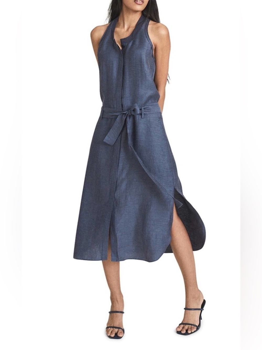 Reiss Sz 4 Keeley Midi Dress Hemp Blend Side Slits Pockets Hidden Button Front